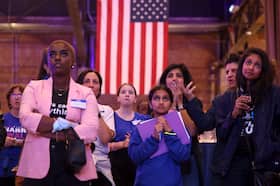 Shyra Khanna,10, watches election results come in with her mother, family and friends in Charlotte. (Logan Cyrus for The Washington Post)