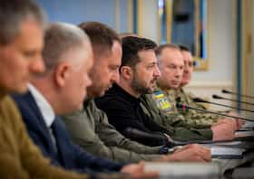 Ukrainian President Volodymyr Zelensky in a meeting with U.S. Secretary of Defense Lloyd Austin in Kyiv.