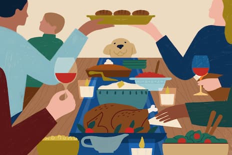 An illustration of a Thanksgiving table, with a dog looking up as the turkey is being passed.