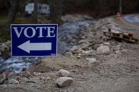 A temporary tent for voters is set up in Burnsville, North Carolina, on Nov. 5 after Hurricane Helene. (Melissa Sue Gerrits/Getty Images)