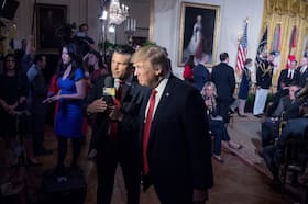 “Fox & Friends” co-host Pete Hegseth interviews Donald Trump during an event at the White House in 2017.