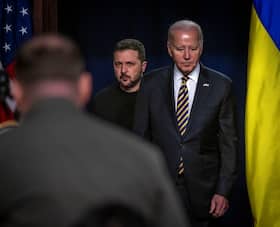 President Joe Biden and Ukrainian President Volodymyr Zelensky meet earlier in Biden's term.
