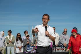 Daniel Lurie, heir to the Levi Strauss clothing fortune, campaigns on Oct. 26 in San Francisco.