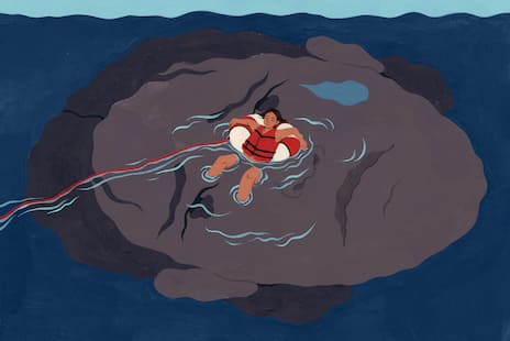 An illustration of a woman in a life preserver floating over the shadow of her own sad face reflected in the water.