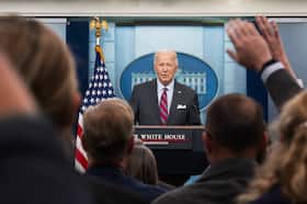 President Joe Biden takes questions at a White House briefing on Oct. 4. (Craig Hudson for The Washington Post)