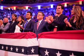 House Speaker Mike Johnson (R-Louisiana) with Rep. Matt Gaetz (R-Florida) at the Madison Square Garden rally for Donald Trump in New  York on Oct. 27. (Jabin Botsford/The Washington Post)